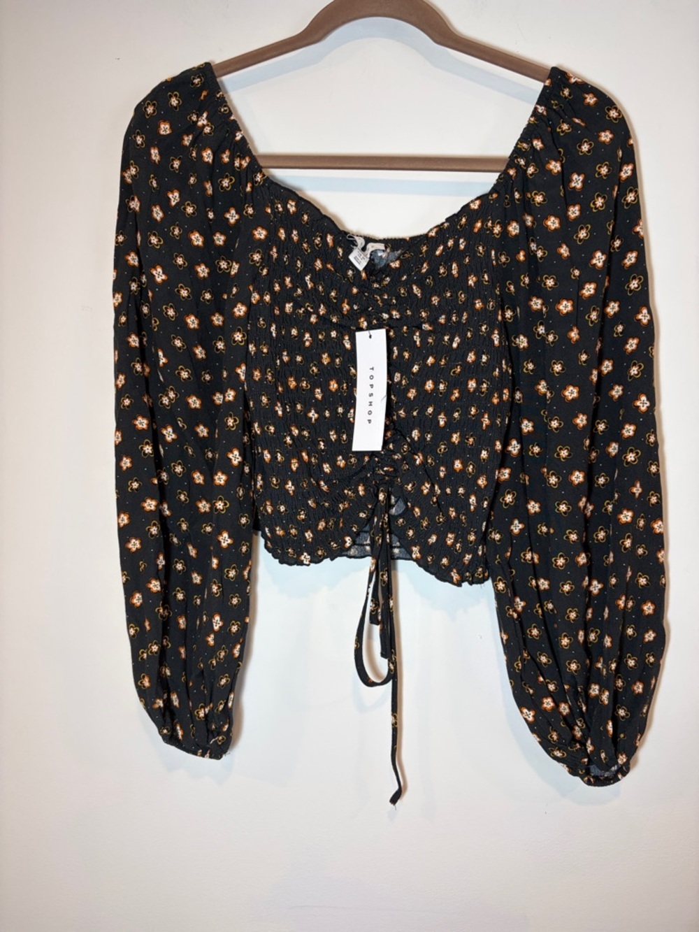 Topshop Black Floral Smocked Peasant Crop Top